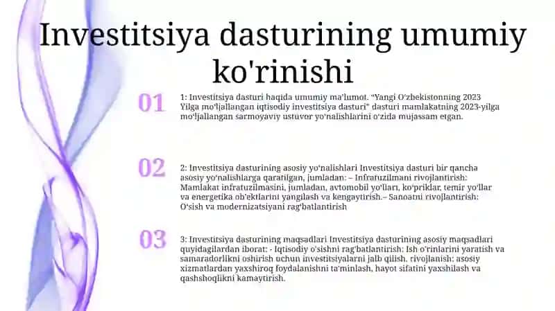 Yangi OʻZbekistonning 2023 Yilga MoʻLjallangan Investitsiya Dasturi, YoʻNalishlari 2