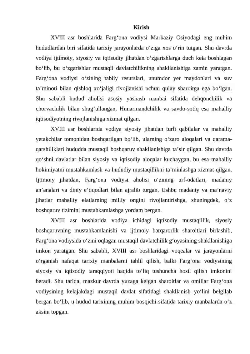 XVIII asr boshlarida Farg‘ona vodiysida mustaqil davlatchilik uchun sharoitni vujudga kelishi mavzisida 2