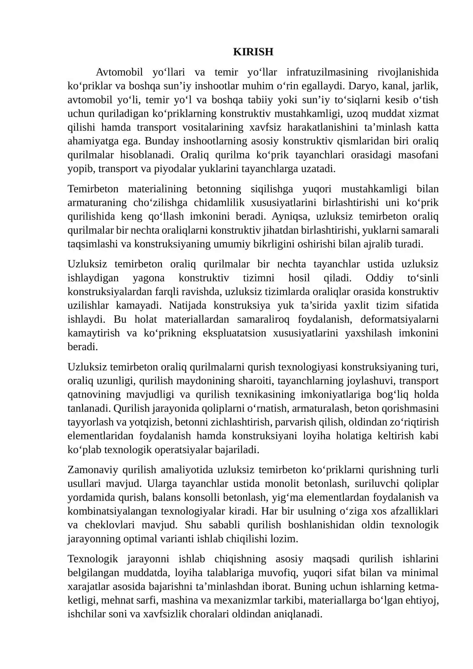 UZLUKSIZ TEMIRBETON ORALIQ QURILMALARNI QURISH TEXNOLOGIK JARAYONLARINI ISHLAB CHIQISH 2