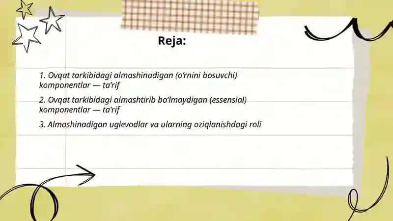 Ovqatning almashinadigan va almashtirib bo'lmaydigan komponentlari 2