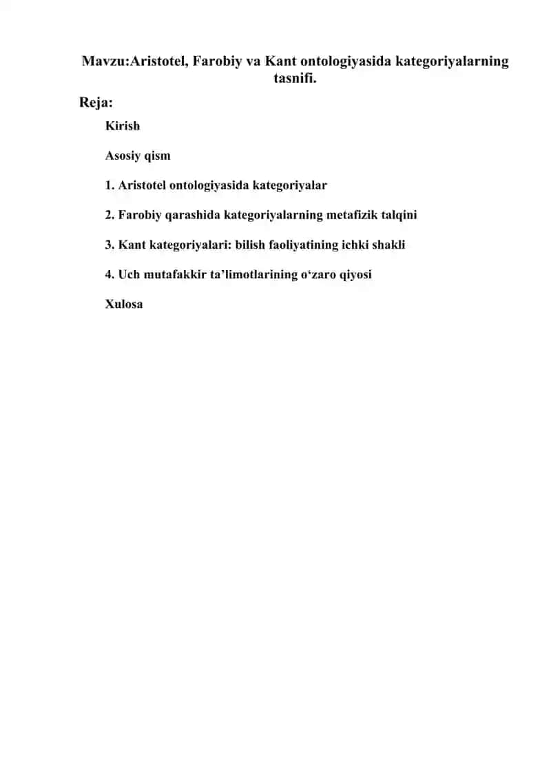 Aristotel, Farobiy va Kant ontologiyasida kategoriyalarning tasnifi 2
