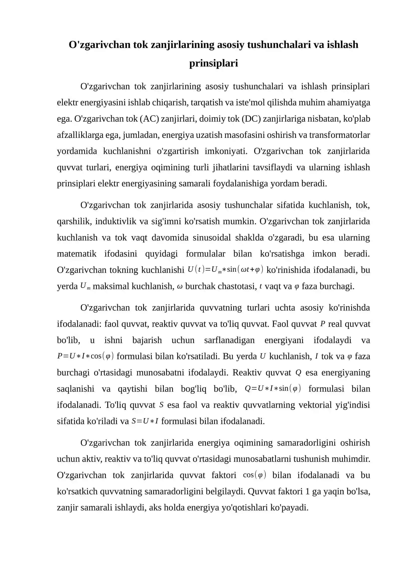 O'zgarivchan tok zanjirlarida quvvat turlari 2