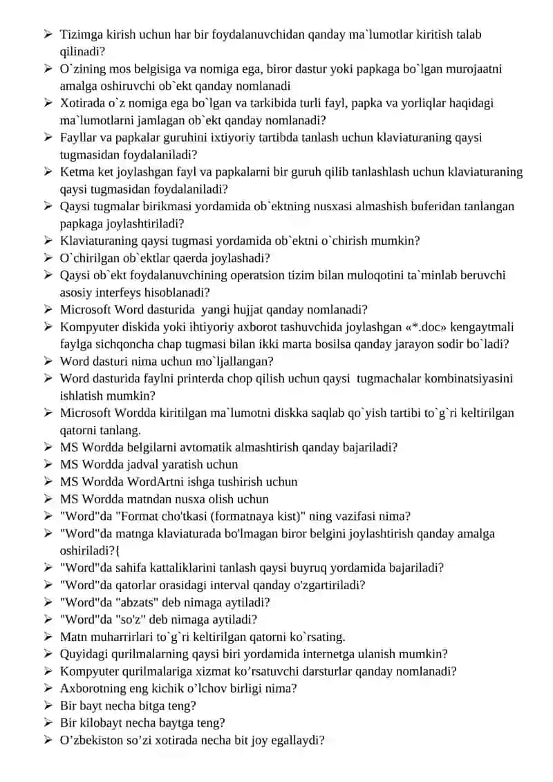 Qurilishda AT fanidan yakuniy nazorat uchun test savollari 2