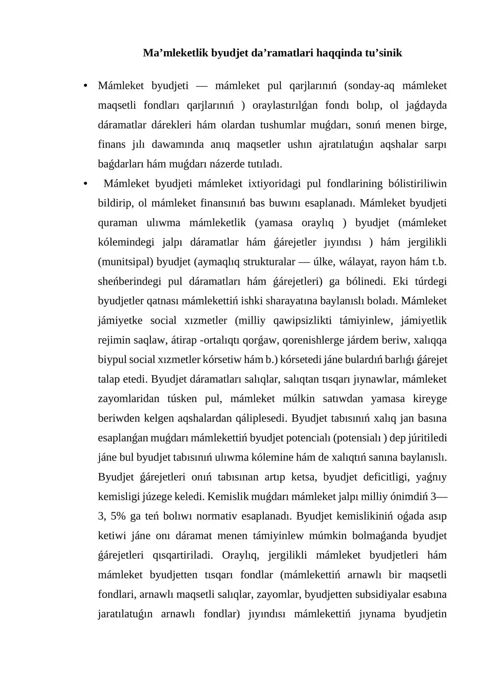 O’zbekstan Respublikasi ma’mleket byudjetlerinin’ da’ramatlari ha’m qa’rejetleri 2