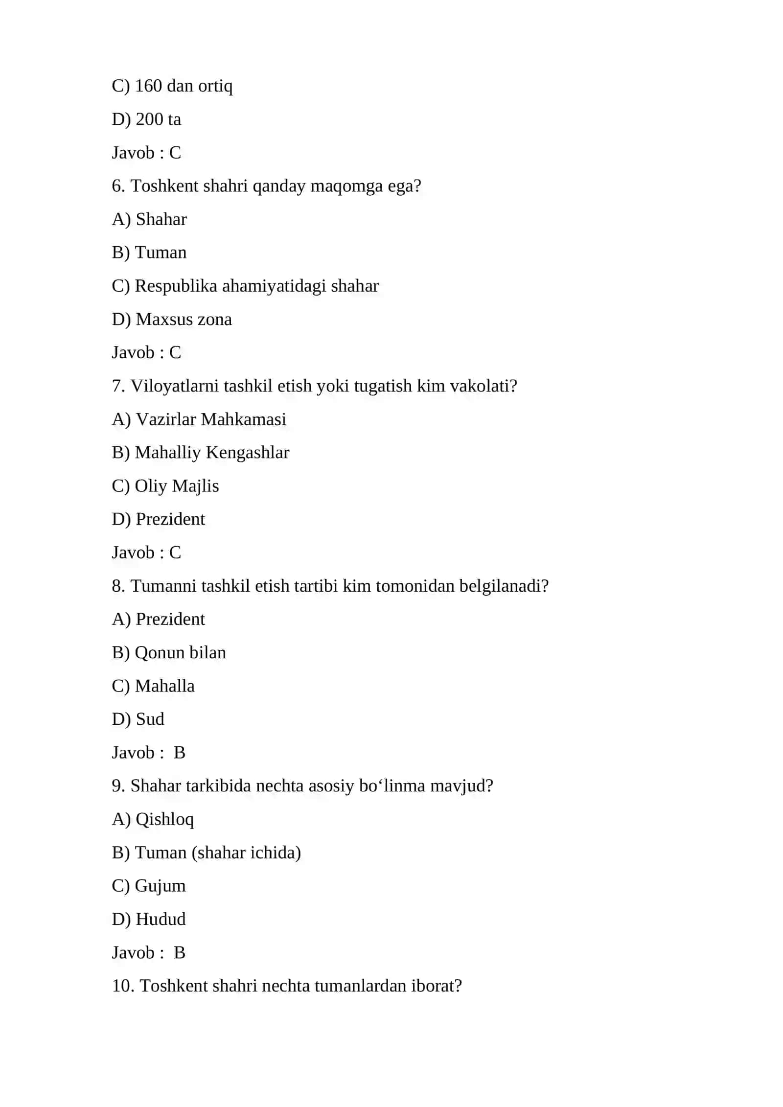 O`zbekiston Respublikasi ma`muriy hududiy tuzulishi bo`yicha test 2