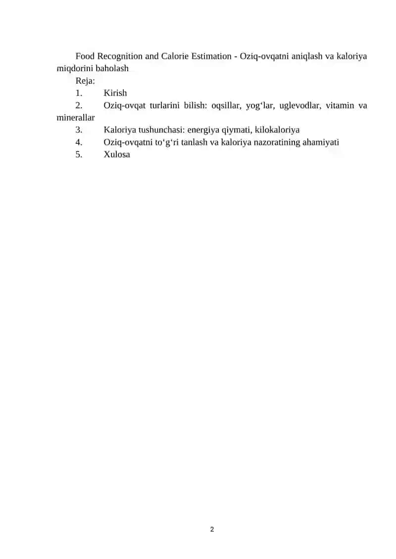 Food Recognition and Calorie Estimation 2