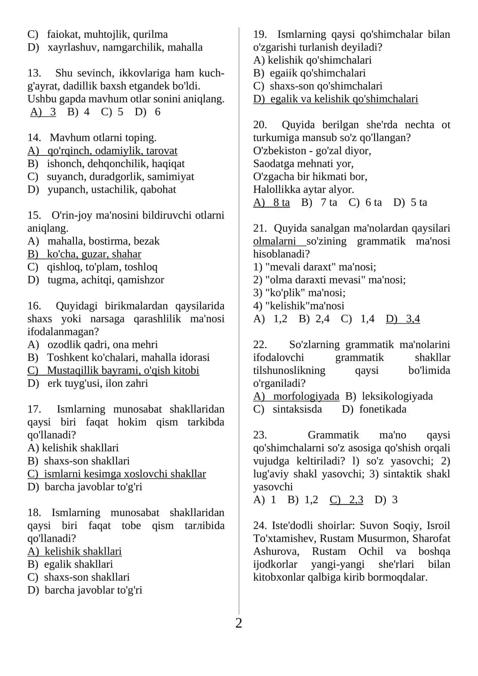 Ot, sifat, son testlar. 2