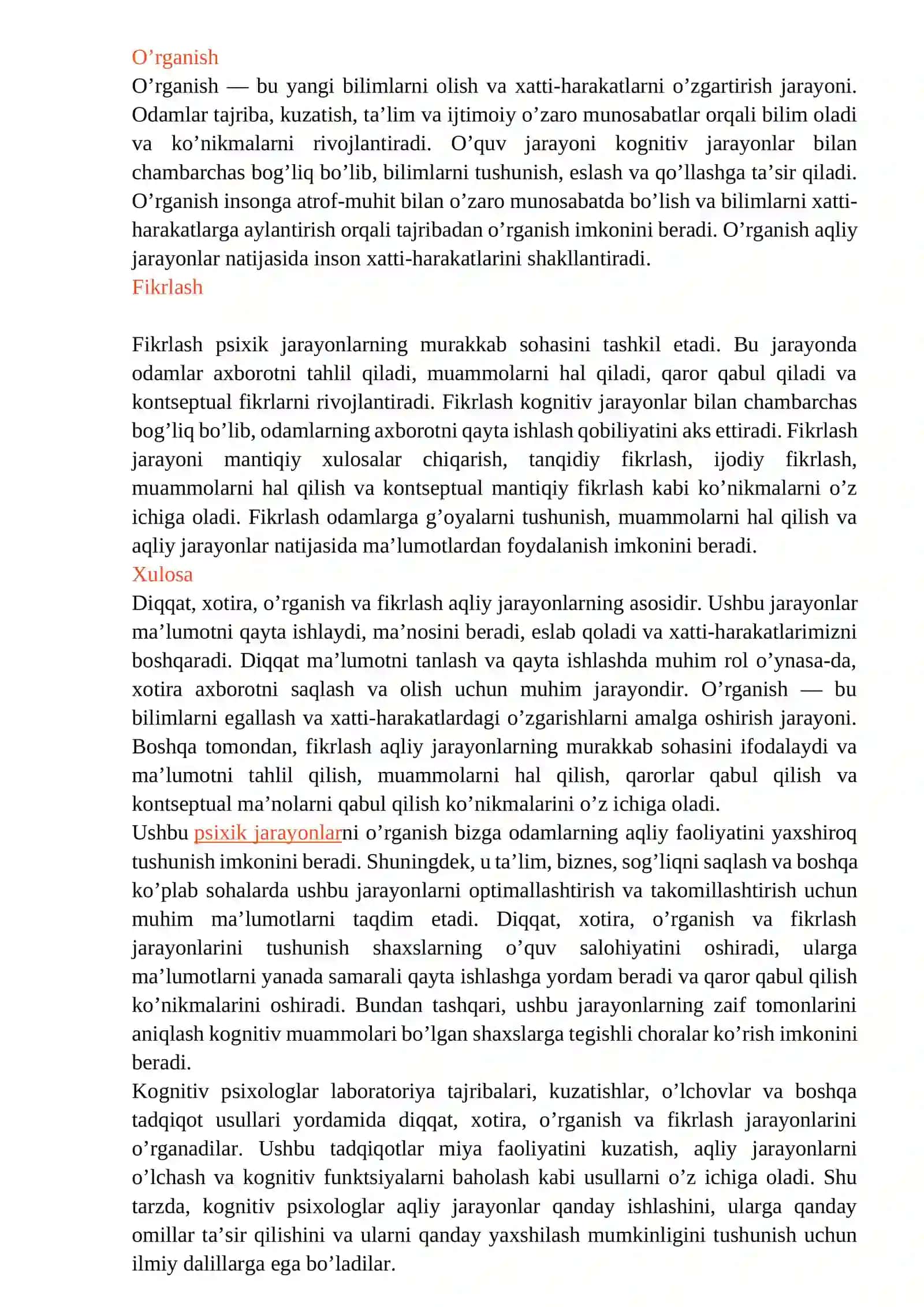 Diqqat, xotira, o'rganish va fikrlash 2