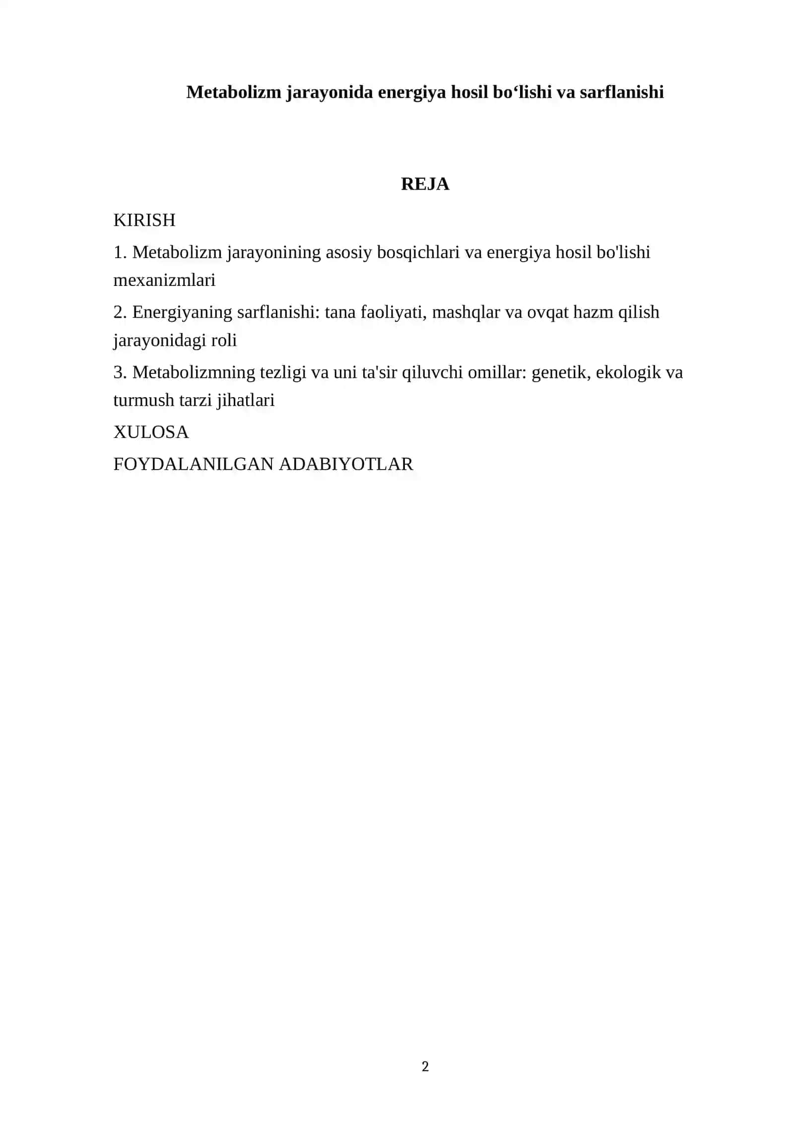 Metabolizm jarayonida energiya hosil boʻlishi va sarflanishi 2