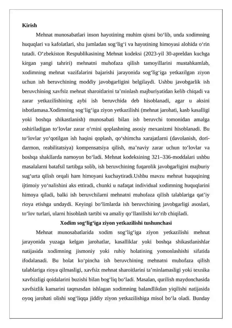 Xodimning sog‘lig‘iga ziyon yetkazilganligi munosabati bilan ish beruvchi tomonidan amalga oshiriladigan to‘lovlar 2
