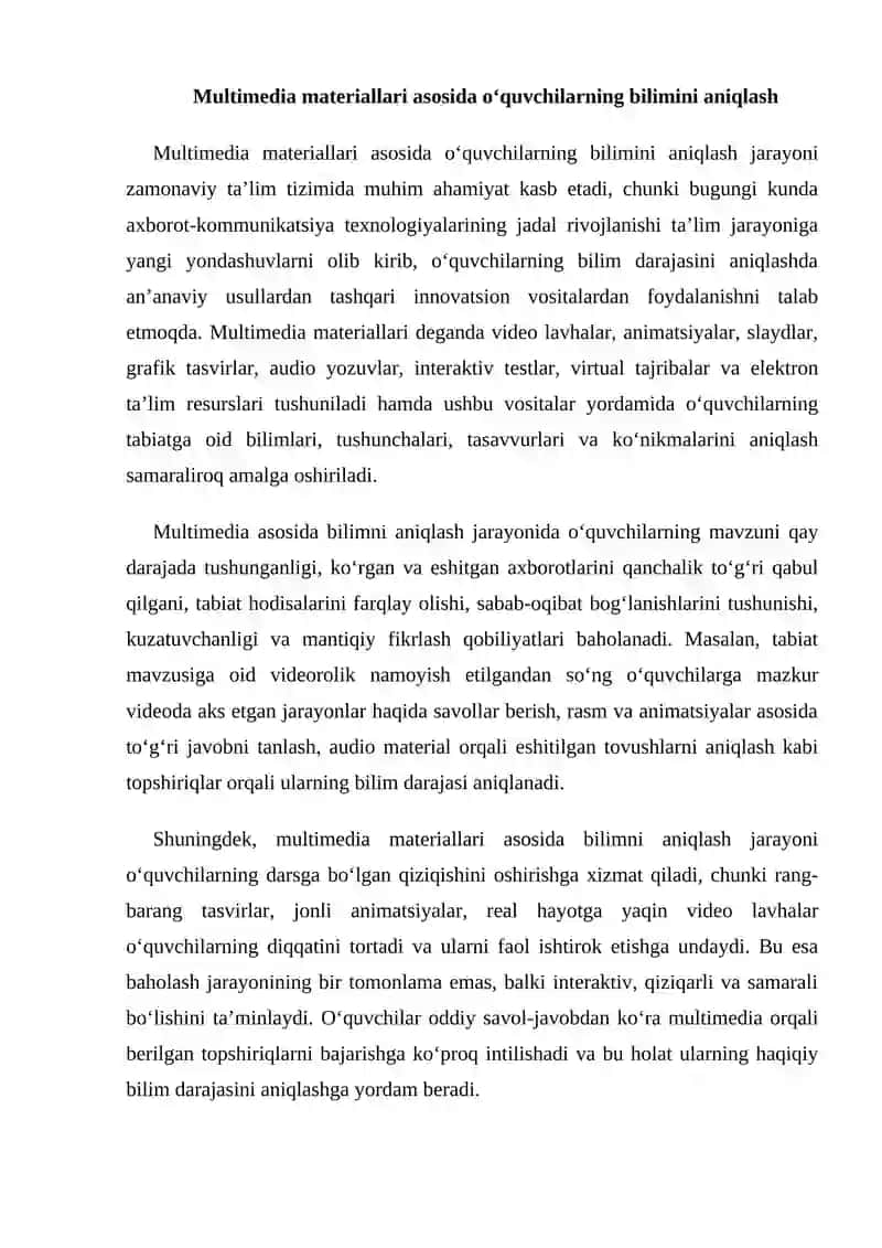Mustaqil ish: Multimediyali tabiat mashg’ulotining ta’limiy baholash uchun diagnostic vosita ishlab chiqish 2