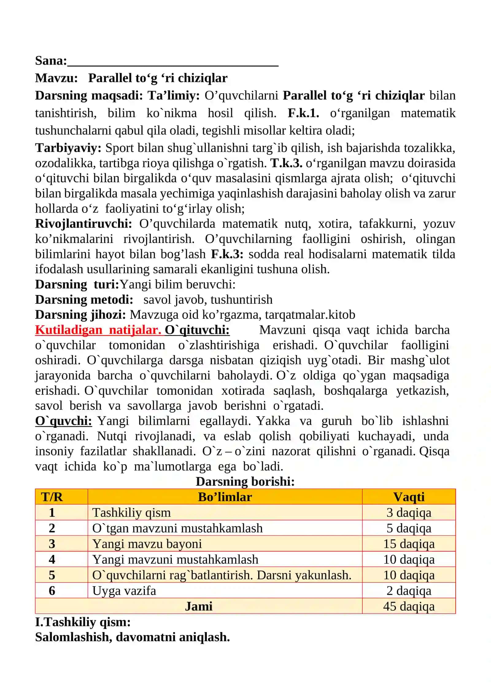 Parallel to‘g ‘ri chiziqlar mavzusida 3-sinf Matematika fanidan dars ishlanmasi 2