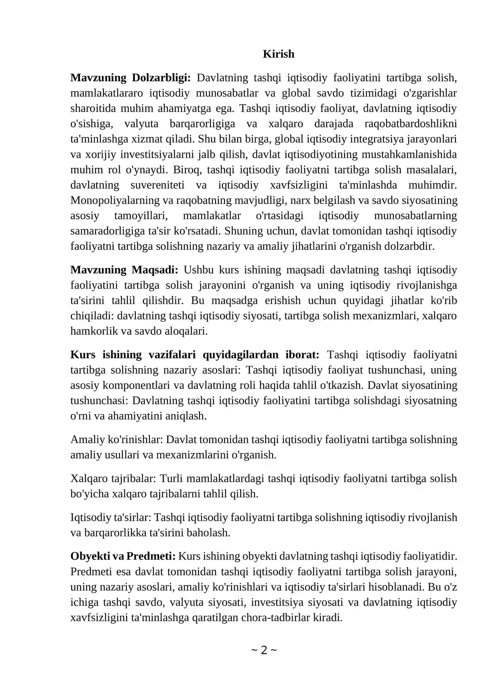 Davlatning tashqi iqtısodıy faolıyatni davlat tomonıdan tartıbga solishKurs ishi 2