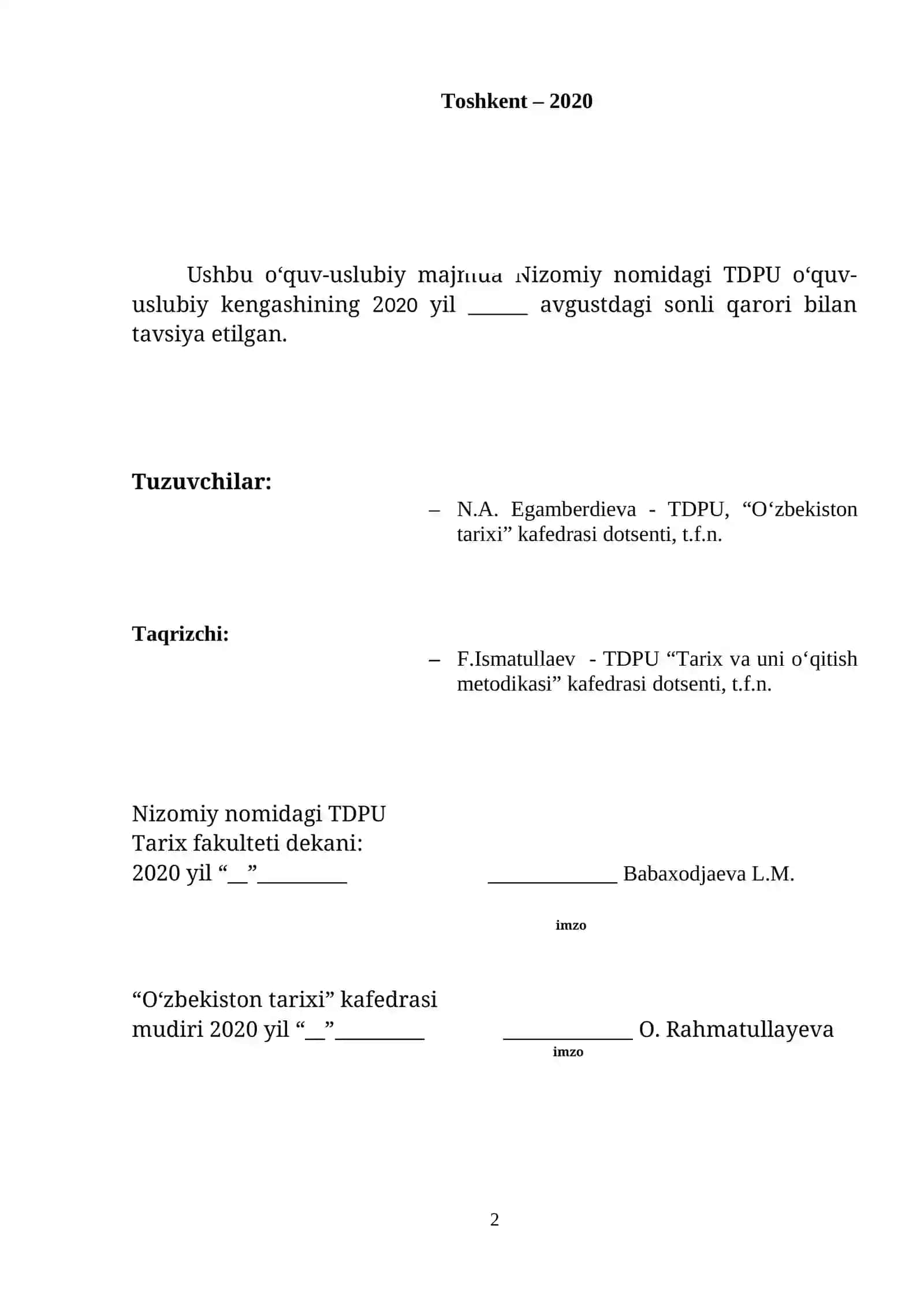 O‘zbekiston tarixi, Fanidan O‘quv-uslubiy majmua (1-kurs) 2