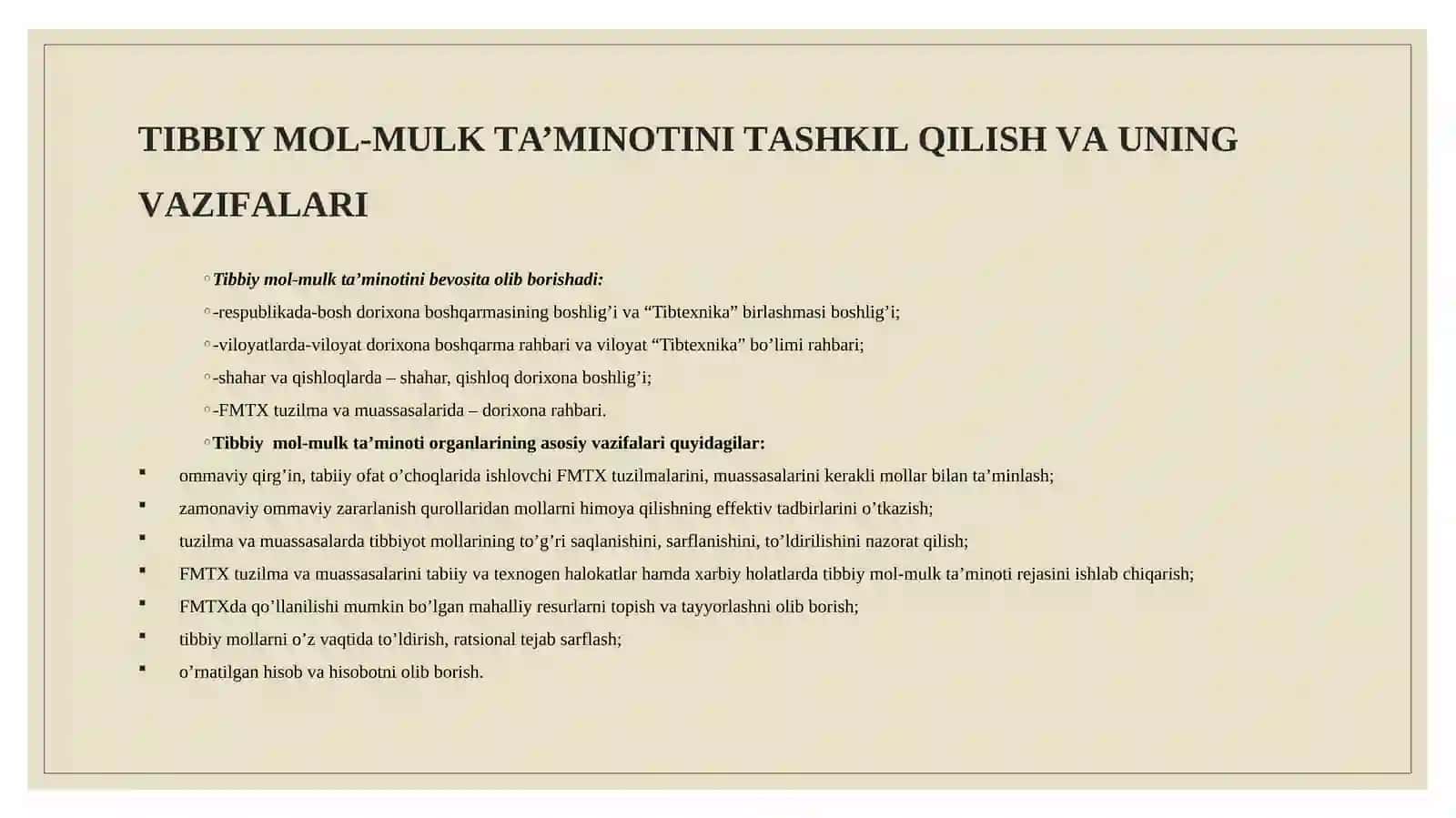 FUQАRО MUHОFАZАSI TIBBIYOT ХIZMАTI TUZILMАLАRINI VА MUАSSАSАLАRINI  MОL-MULKLАR BILАN TА’MINLАSH VA MUHOFAZA QILISH 2