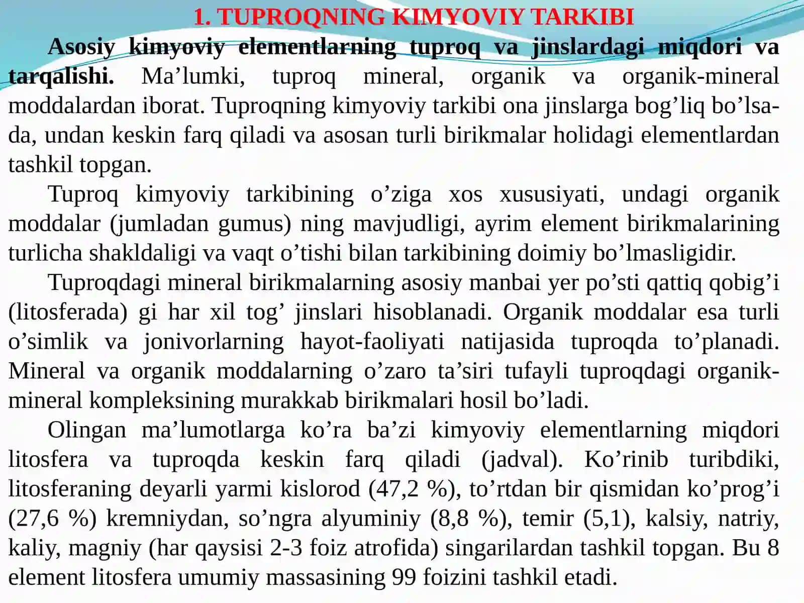 TUPROQNING KIMYOVIY VA ORGANIK QISMI HAMDA TUPROQ BIOTASINING AHAMIYATI 2