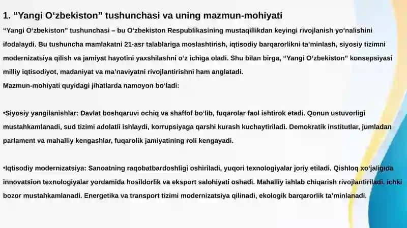 Yangi O'zbekiston tushunchasi  va uning mazmun mohiyati.Yangi O'zbekiston Taraqqiyot strategiyasining asosiy mazmuni.O'zbekiston-xalqchil,ijtimoiy davlat g'oyasining mohiyati 2