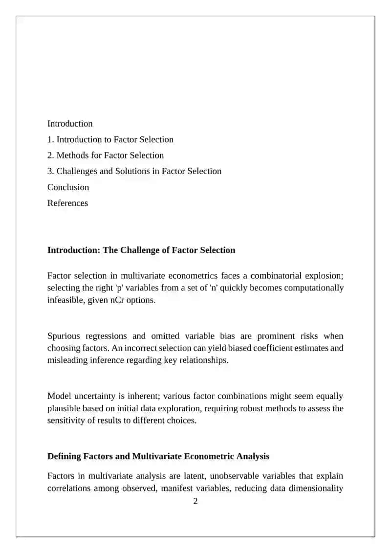 Factor selection problem in multivariate econometric analysis 2