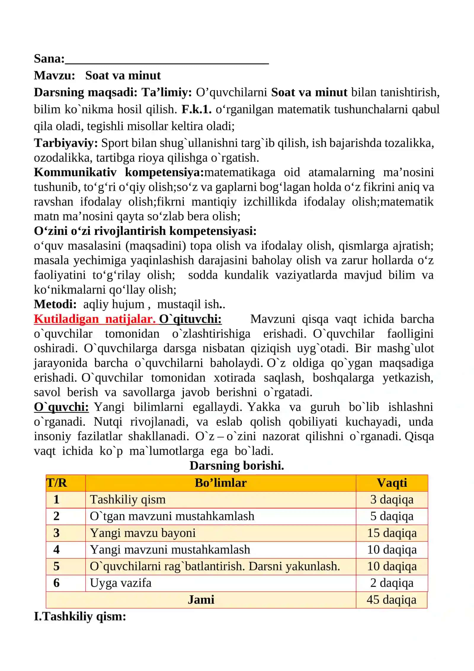 Soat va minut mavzusida 2-sinf matematika fanidan dars ishlanmasi 2