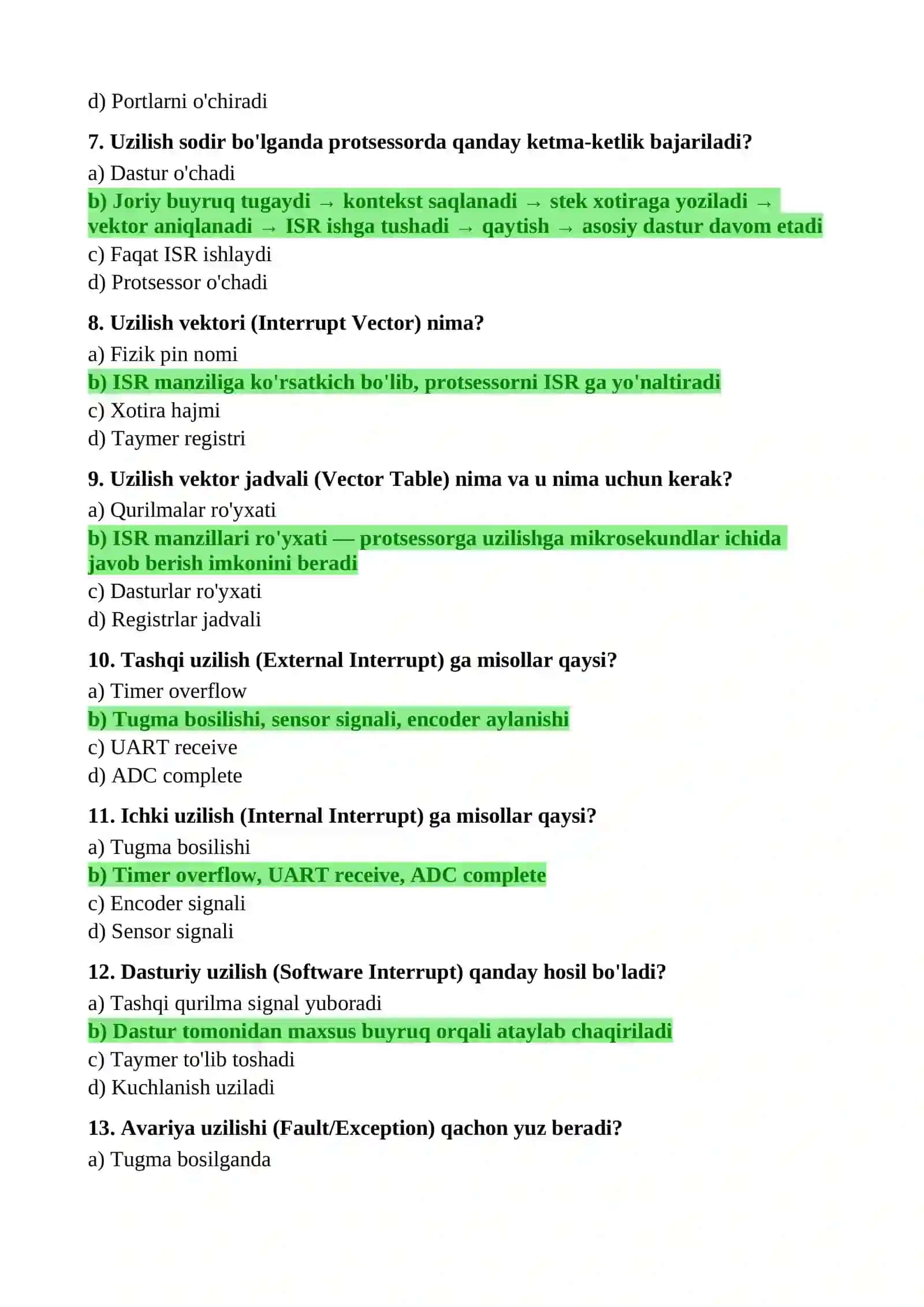 O'RNATILGAN TIZIMLAR — 6-10 MAVZULAR TESTLARI 2