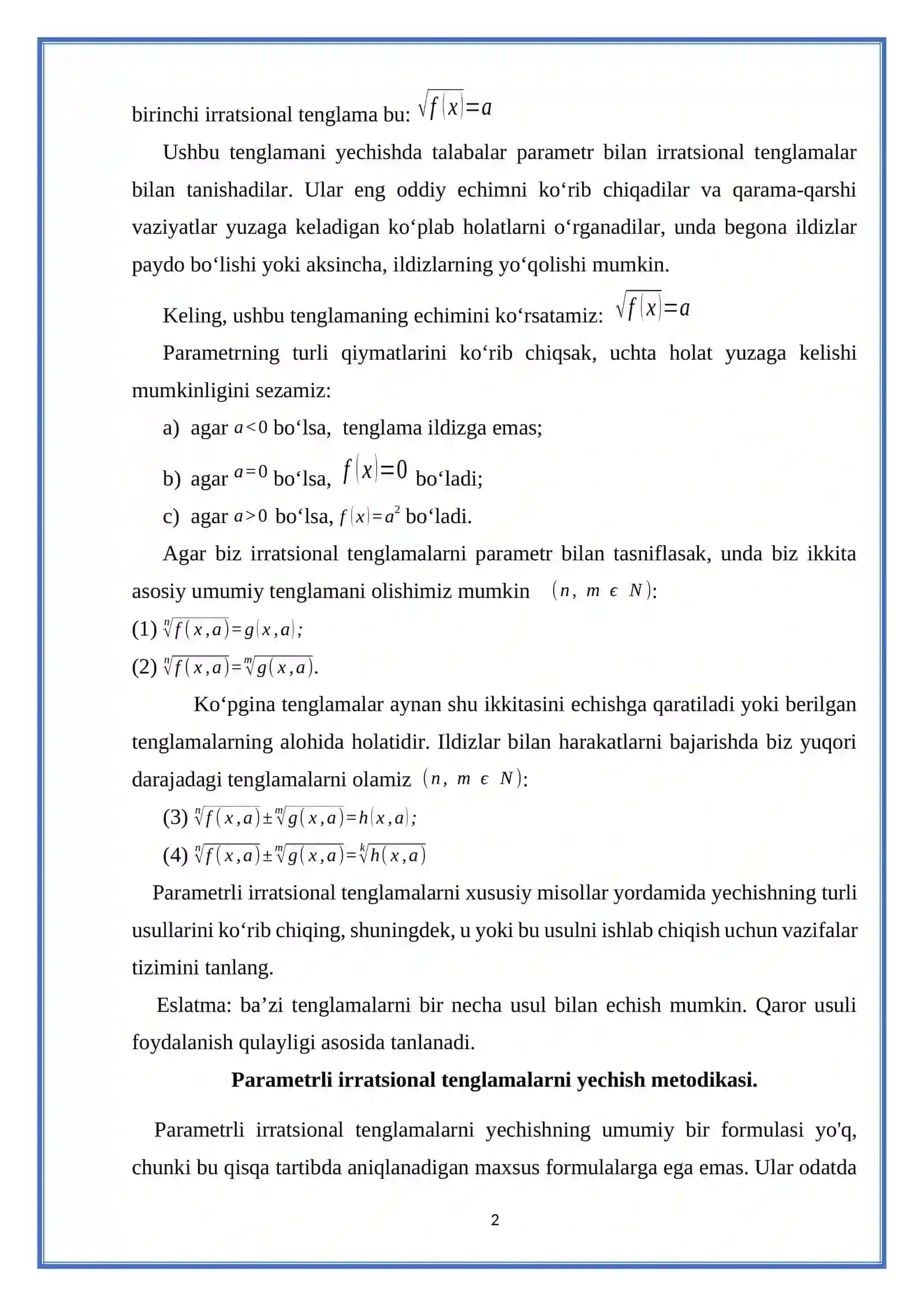 Parametrli irratsional tenglamalar va ularni yechish usullari 2