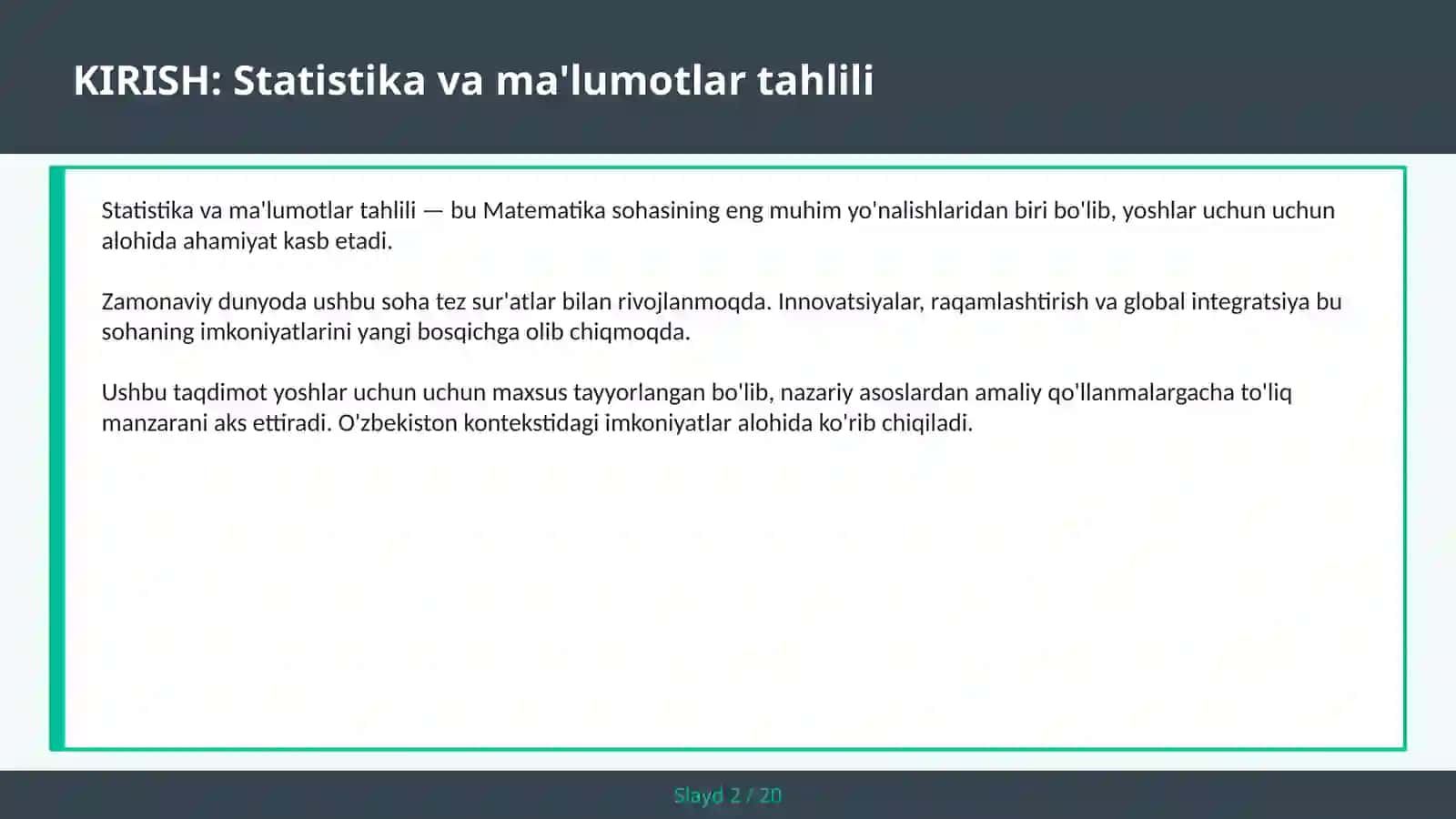 Statistika va ma'lumotlar tahlili 2