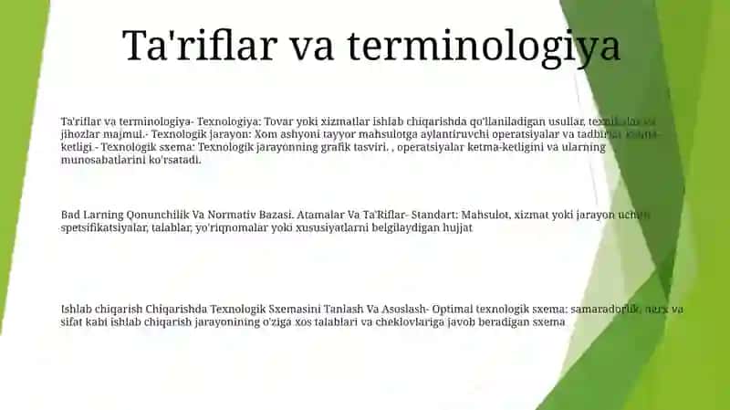 Bad Larning Qonunchilik Va Normativ Bazasi. Atamalar Va Ta’Riflar.Ishlab Chiqarishda Texnologik Sxemasini Tanlash Va Asoslash 2