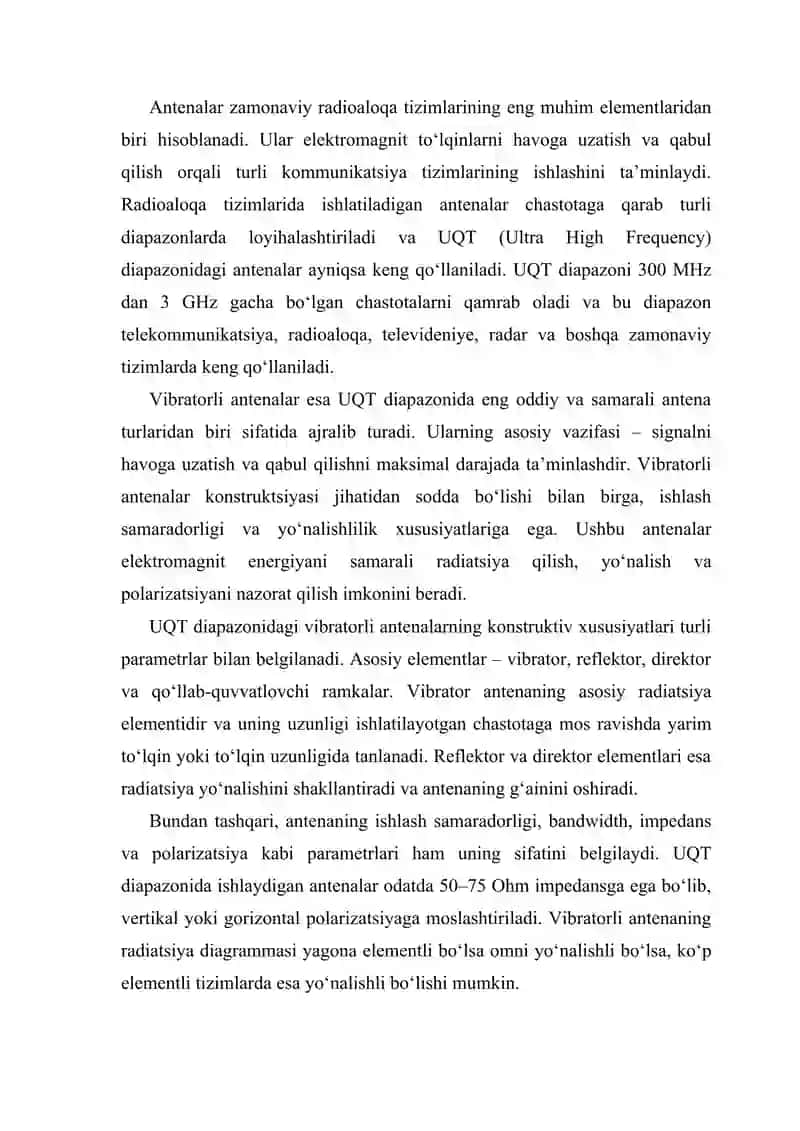 UQT diapazonidagi vibratorli antenalarning konstruktiv xususiyatlari parametrlari va xarakteristikalari 2