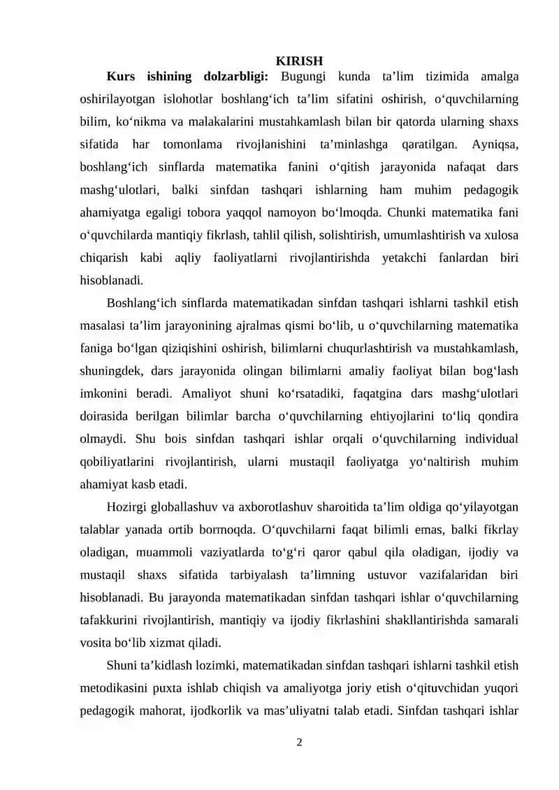 Boshlang‘ich sinflarda matematikadan sinfdan tashqari ishlarni turlari va ularni tashkil etish metodikasi 2