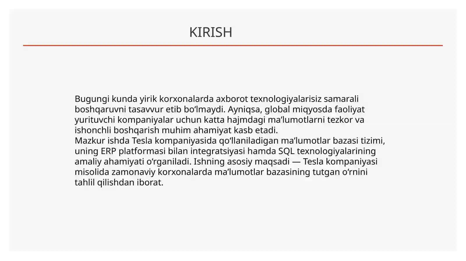 Tesla kompaniyasi ma'lumotlar bazasi ERP tizimi va SQL asosida 2