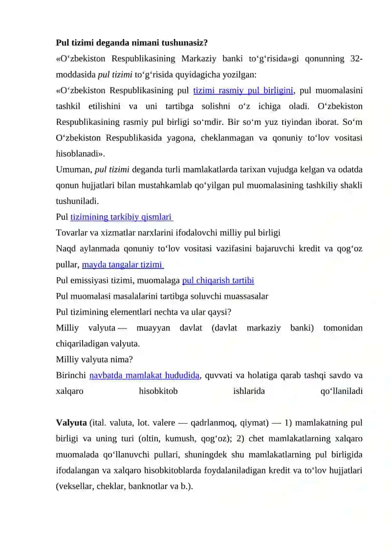 O'ZBEKISTON RESPUBLIKASI PUL TIZIMI VA UNING ELEMENTLARI 2