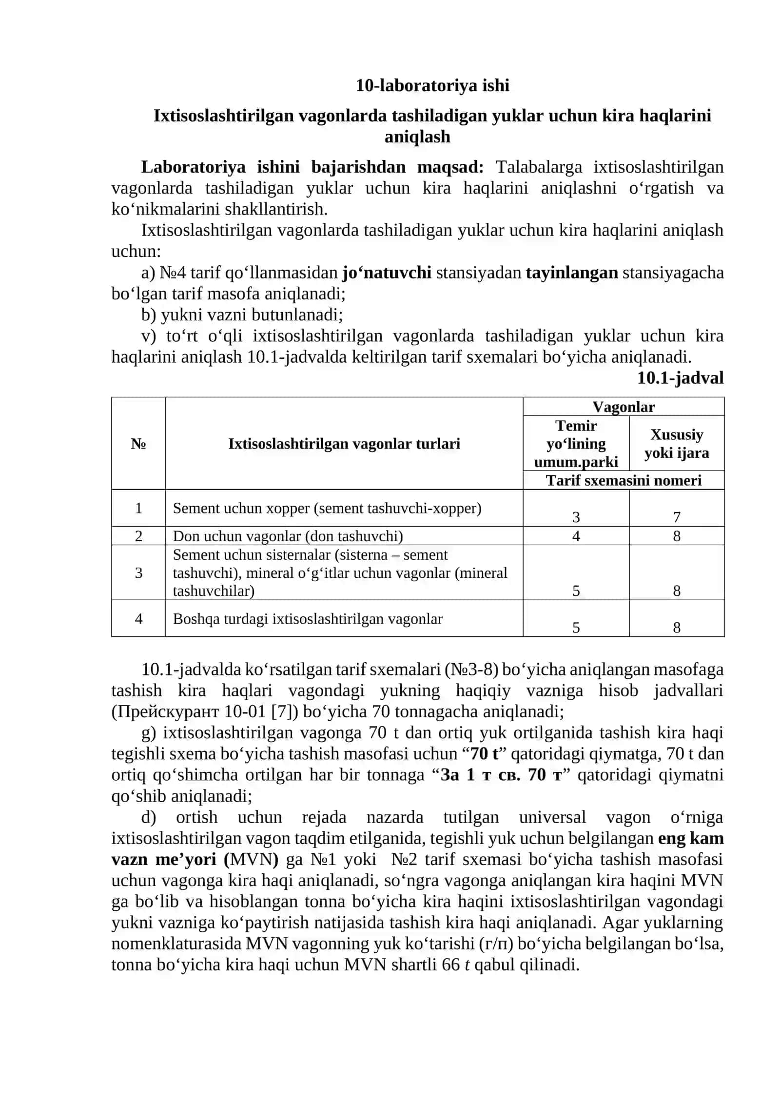 Ixtisoslashtirilgan vagonlarda tashiladigan yuklar uchun kira haqlarini aniqlash 2