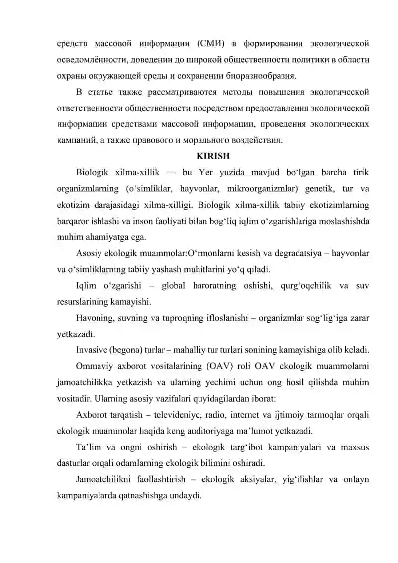 EKOLOGIK MUAMMOLAR VA MEDIA BIOLOGIK XILMA-XILLIKNI SAQLASHDA OAVNING AHAMIYATI 2