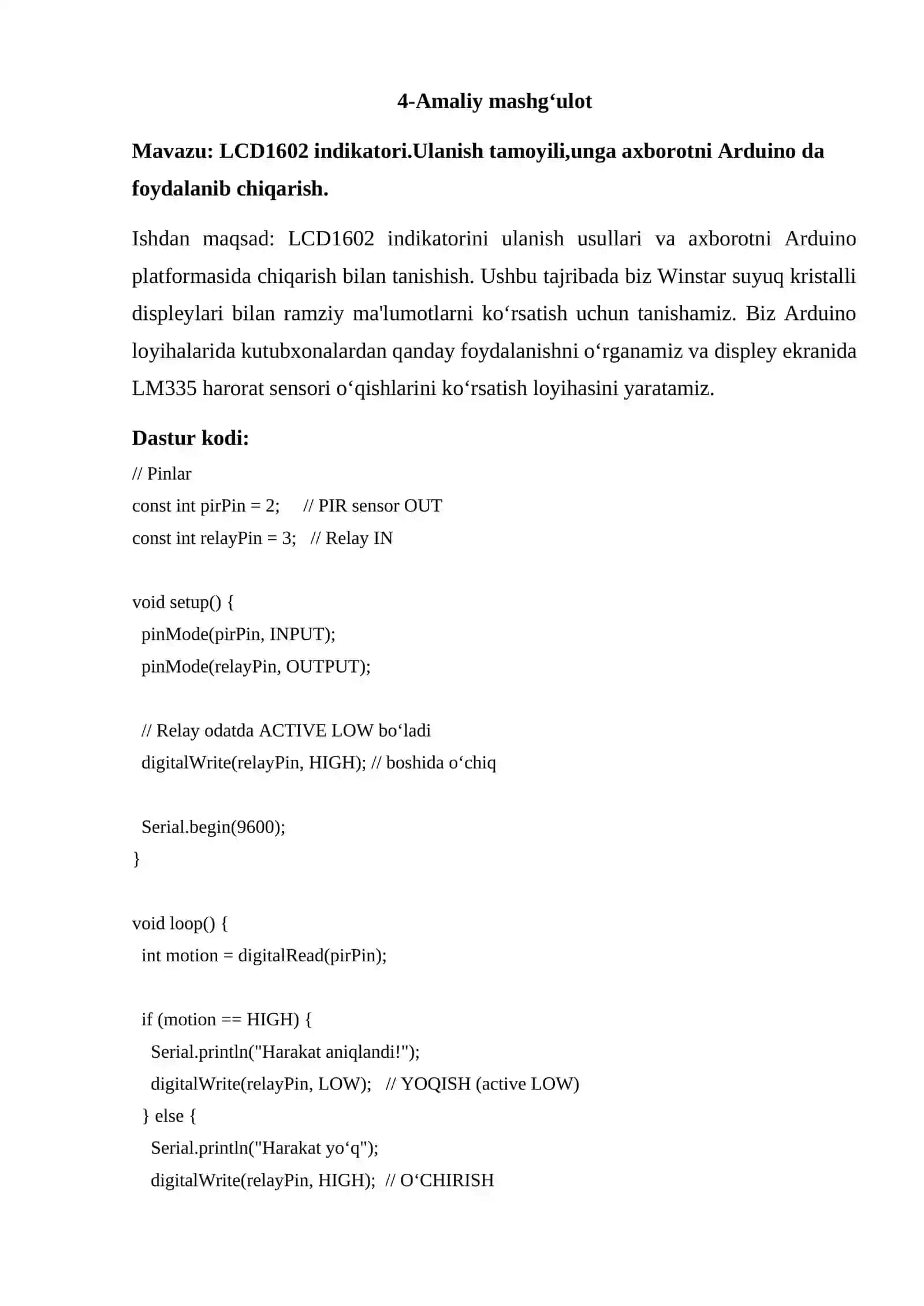 LCD1602 indikatori.Ulanish tamoyili,unga axborotni Arduino da foydalanib chiqarish 2