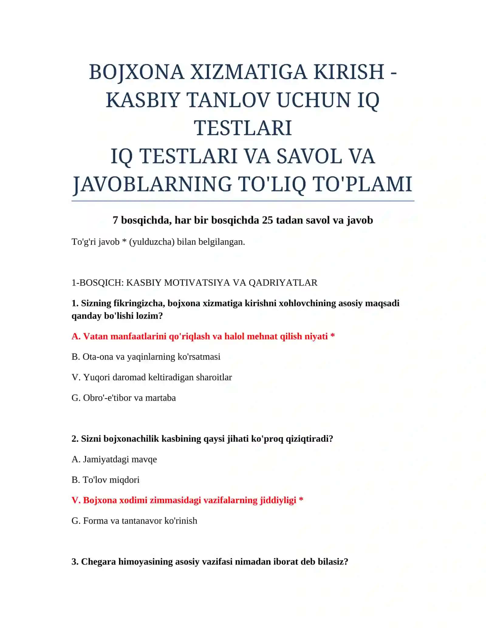 BOJXONA XIZMATIGA KIRISH - KASBIY TANLOV UCHUN IQ TESTLARI 2