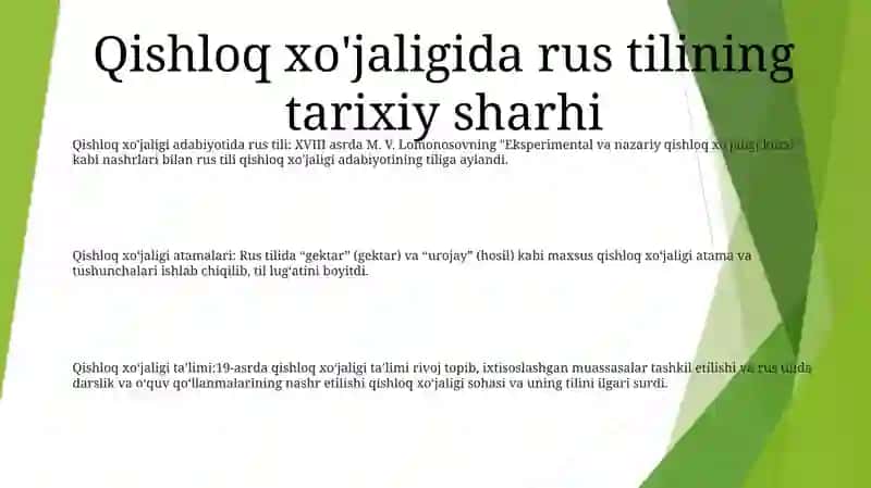 Qishloq xo'jaligi adabiyotida rus tili: XVIII asrda M. V. Lomonosovning "Eksperimental va nazariy qishloq xo'jaligi kursi" 2