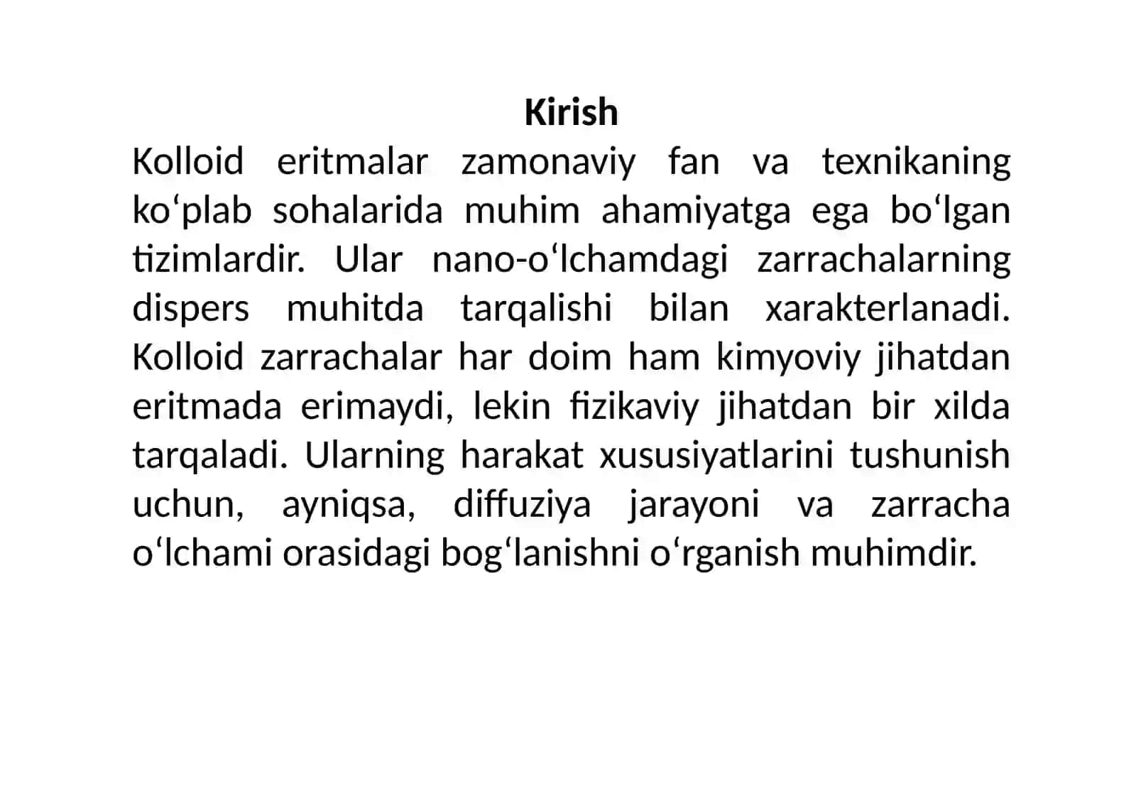 Kolloid eritmalardagi diffuziya tezligi bilan zarrachaning o'lchamlari orasidagi bog'lanish 2