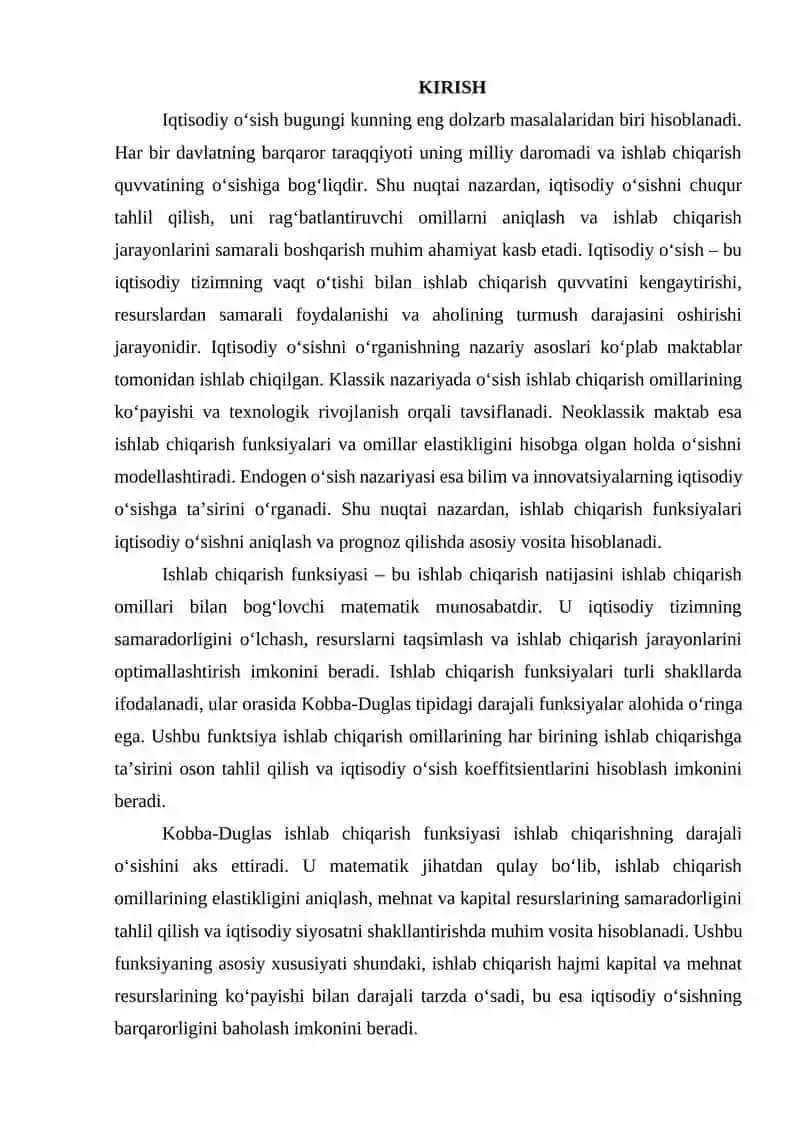 Iqtisodiy o‘sish jarayonini ishlab chiqarish funksiyalari yordamida tadqiq etish. 2