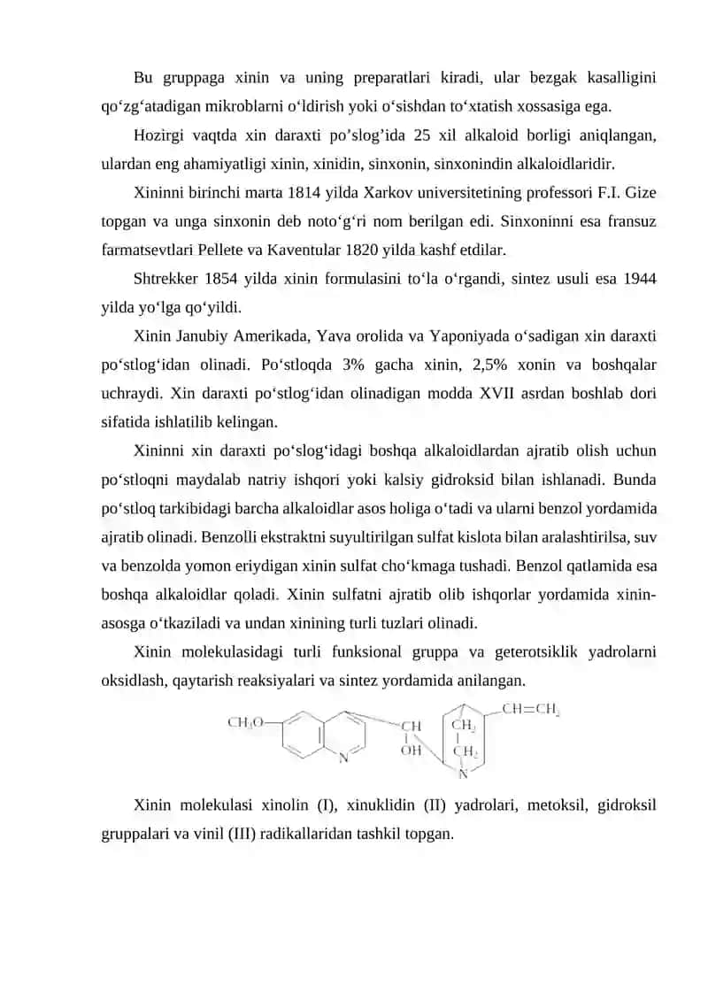 Xinolin hamda izoxinolin gruppasi alkaloidlari Xinin Eyxinin olinishi tuzilishi xossalari va ahamiyati 2