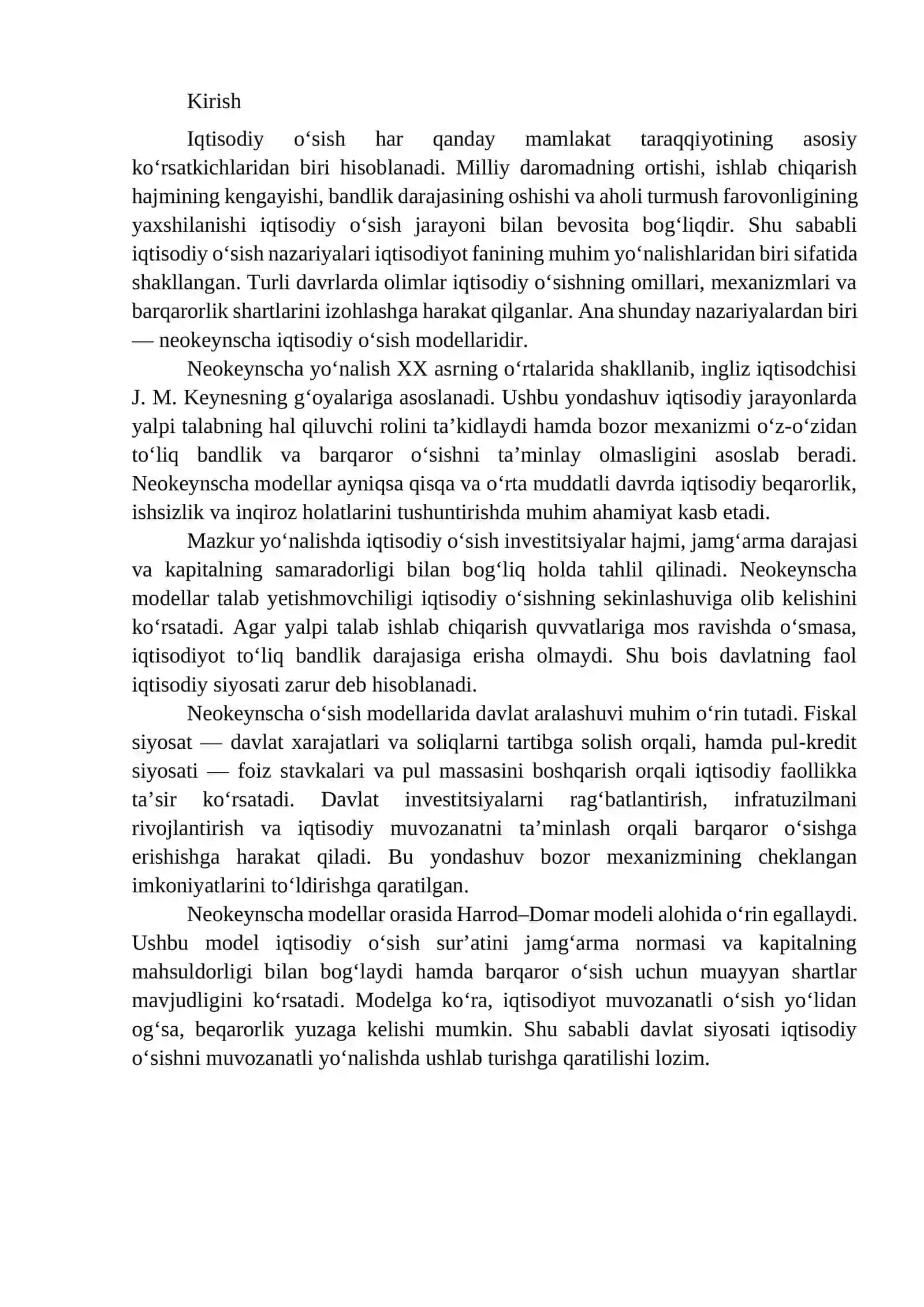 Neokeynscha iqtisodiy o‘sish modellaridir 2