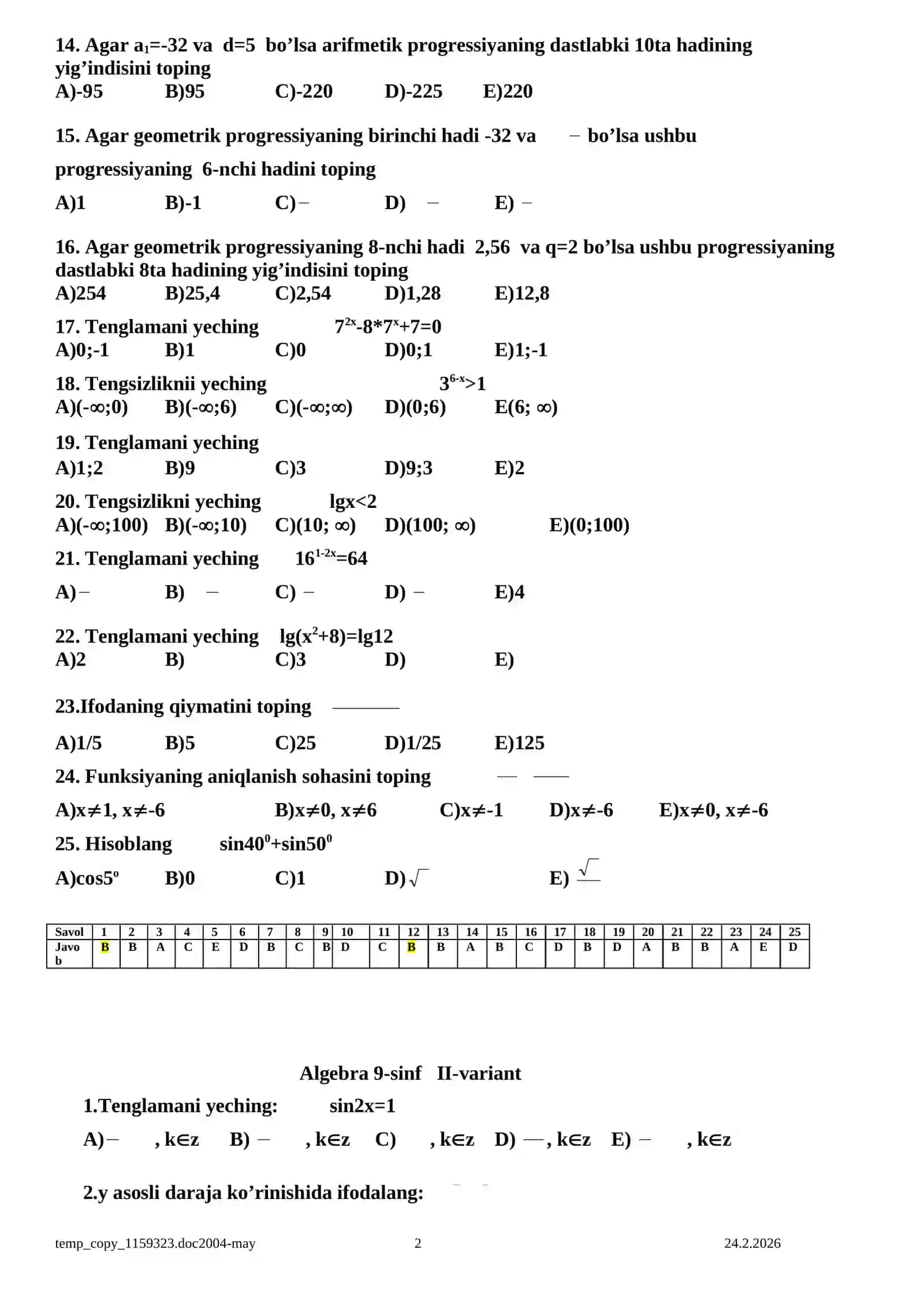 Algebra 9-sinf IV-chorak 2