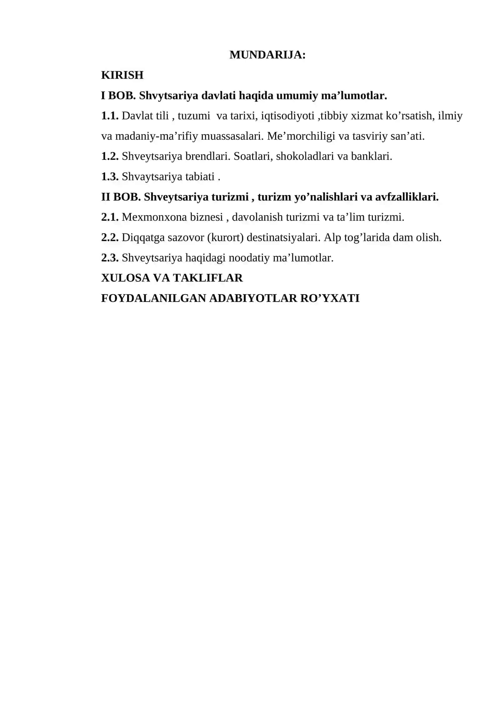 Shveytsariya davlati turizmining rivojlanish xususiyatlari 2