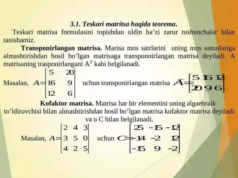 TESKARI MATRITSA VA MATRITSANING RANGI 2