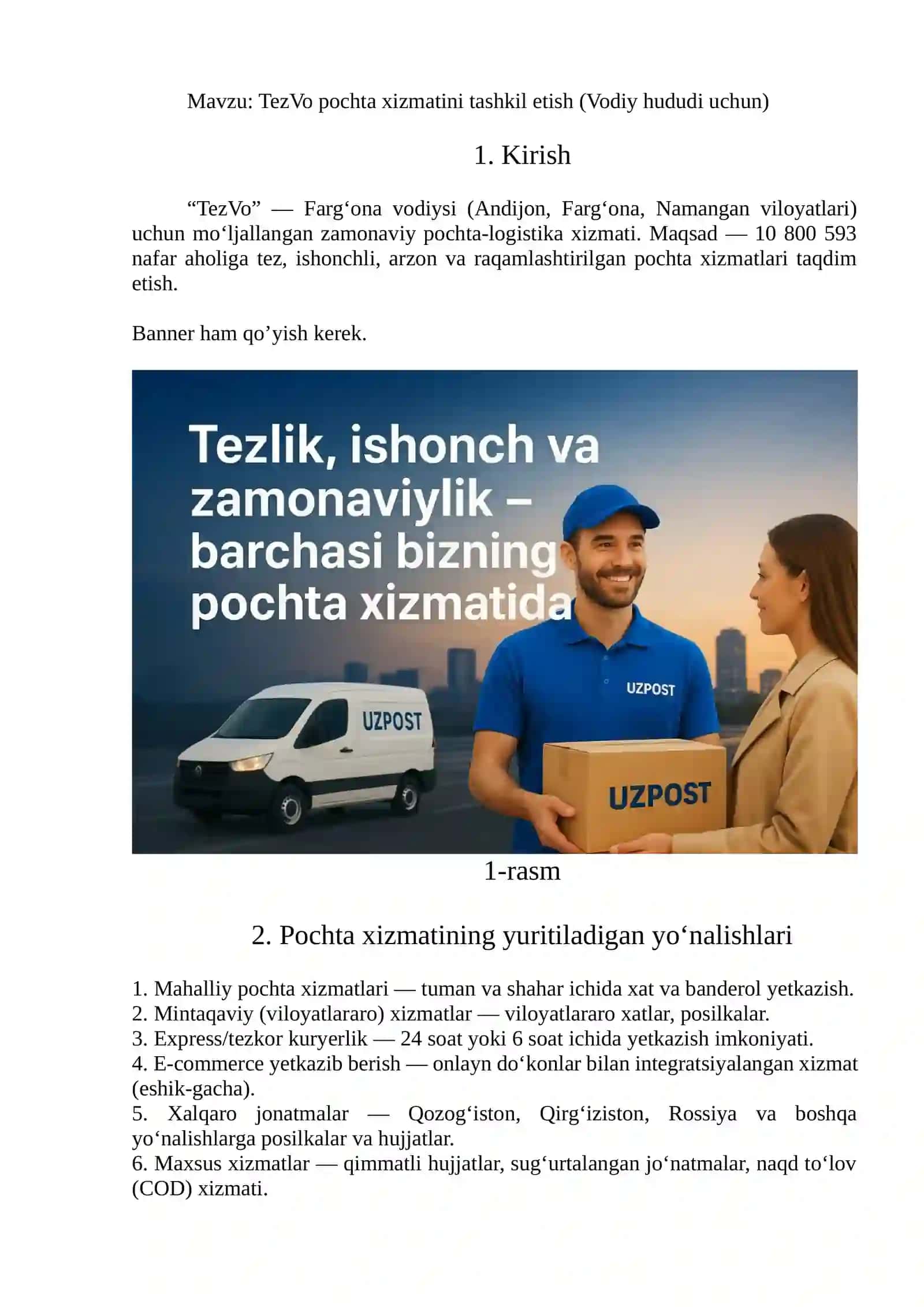 TezVo pochta xizmatini tashkil etish (Vodiy hududi uchun) 2
