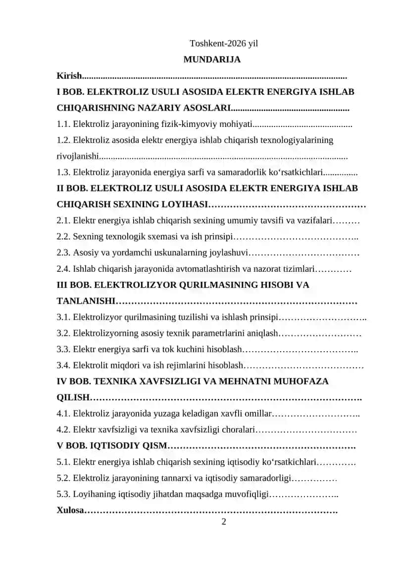 Eloktroliz usuli asosida elektr energiya ishlab chiqarish sexining loyihasi va elektrolizyor qurulmasi hisobi 2