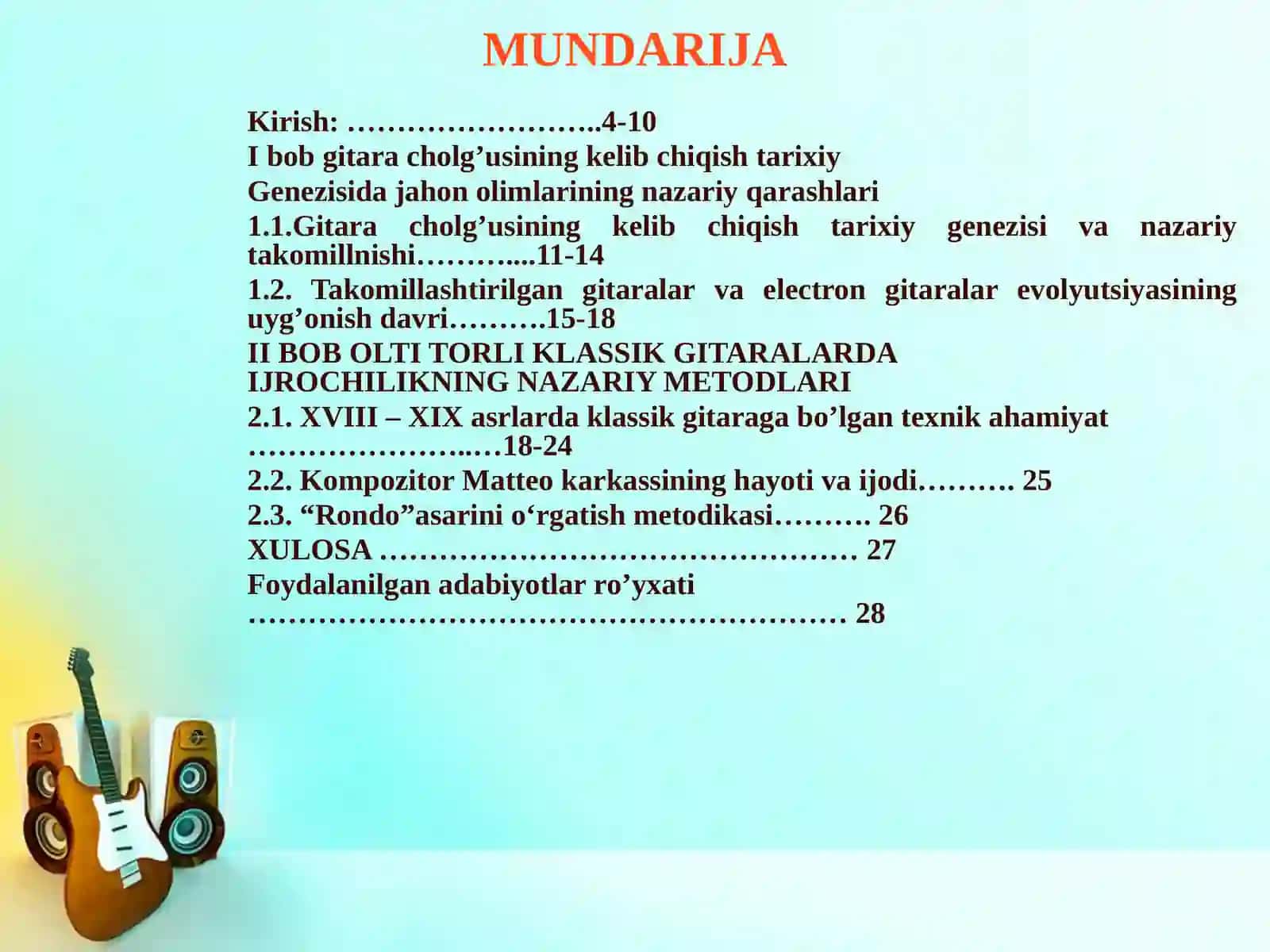 O‘QUVCHILARGA KLASSIK GITARA SINFIDA MATTEO KARKASSI IJODIDAN “RONDO” ASARINI O‘RGATISH MATODIKASI 2