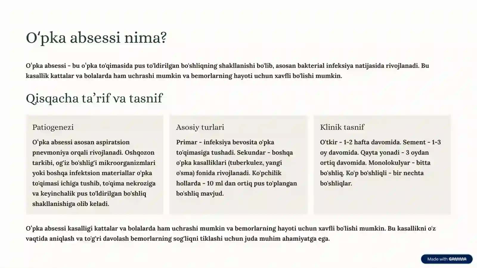 Oʻpka absessi etialogiyasi patogenezi va davolash yondashuvlari 2