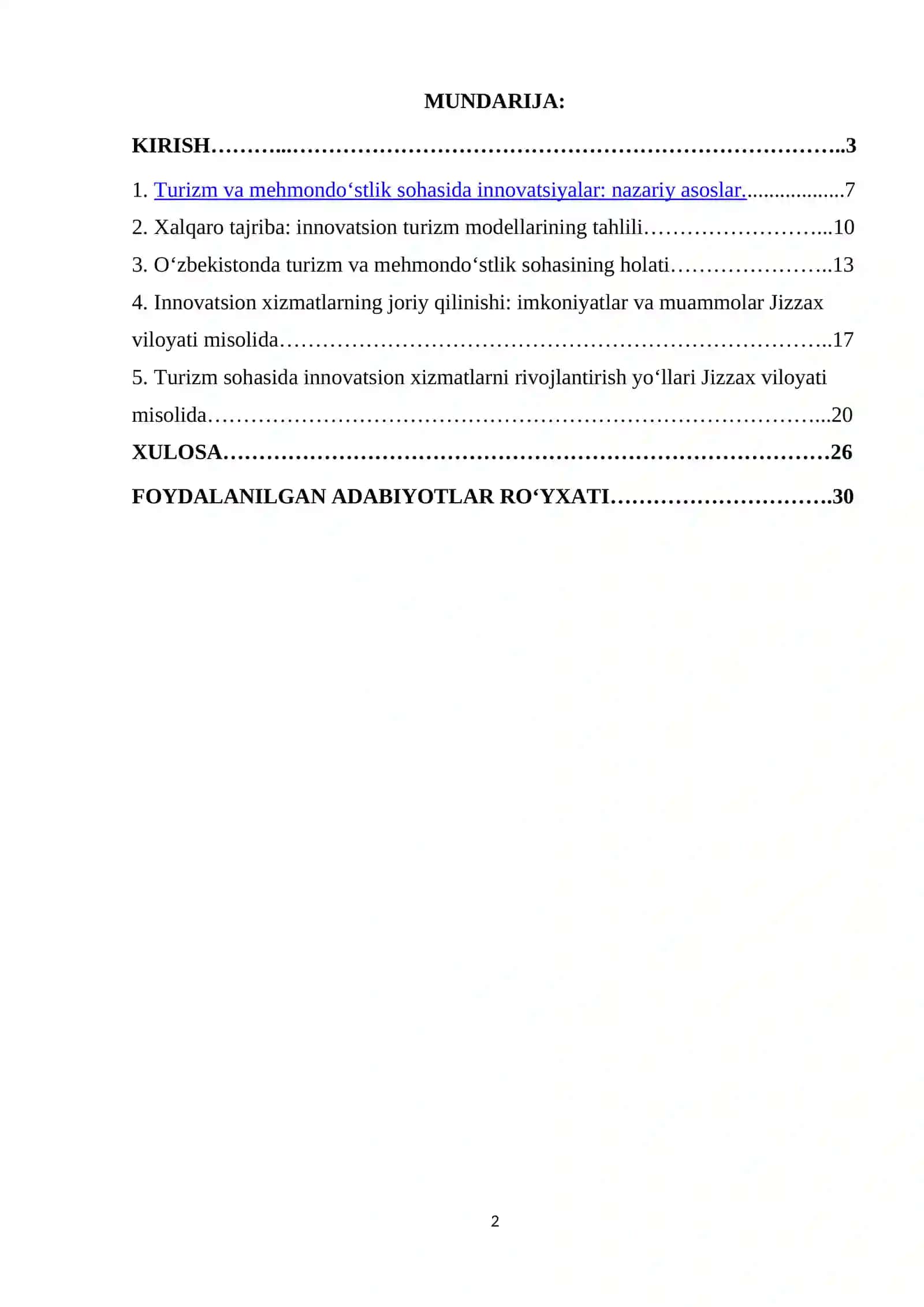 TURIZM VA MEHMONDO‘STLIK SOHASIDA INNOVATSION XIZMATLARNI RIVOJLANTIRISH 2