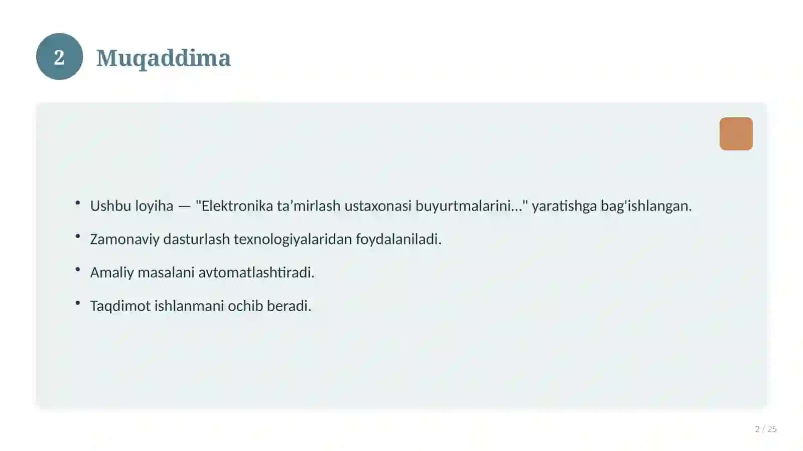 Elektronika ta’mirlash ustaxonasi buyurtmalarini boshqarish dastur ilovasi 2