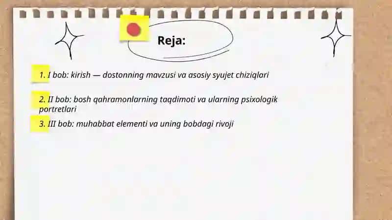 Sab’ayi sayyor” dostonining boblar bo‘yicha tavsifi 2